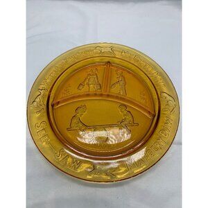 Vtg Amber Glass Nursery Rhyme Divided Plate With Engraved Scenes Of See-Saw Marg